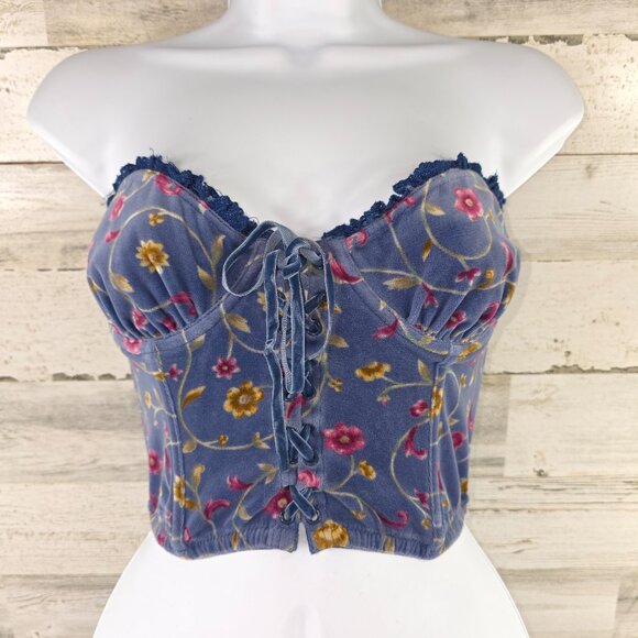 VINTAGE Y2K VICTORIA'S SECRET COUNTRY 36B FLORAL BLUE VELVET BUSTIER CORSET TOP. - Picture 2 of 16